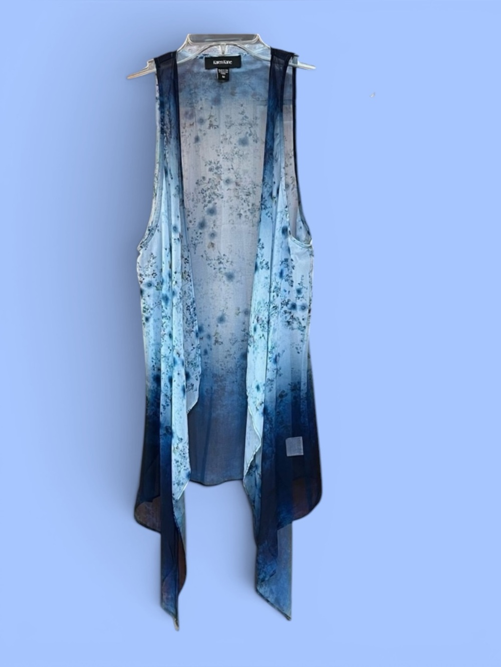 Karen Kane Ombre Floral Print Vest Ruana Kimono Sz M Blue EUC Like New